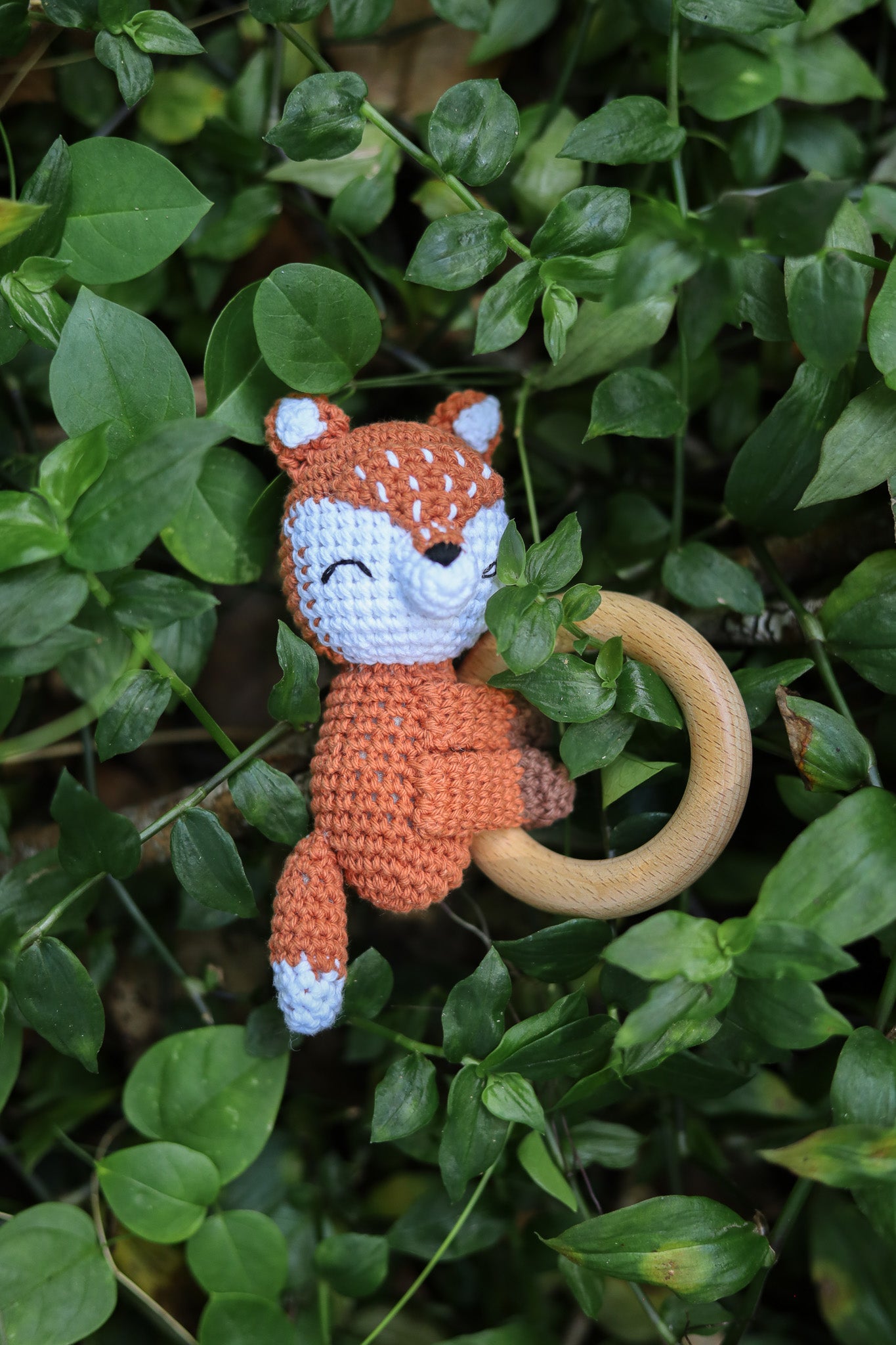 Cute orange fox crochet rattle for newborn baby as part of 3-tier woodlands nappy cake